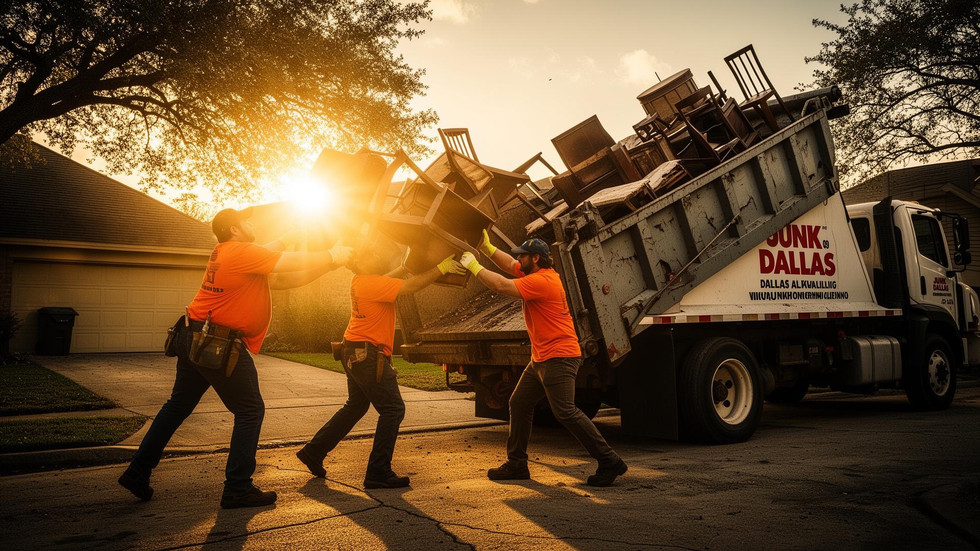 AJ Solutionz crew loading junk into a dump truck in Dallas at sunset